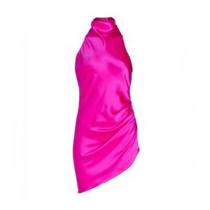 Amanda Uprichard Samba Satin Halter Mini Dress Hot Pink (FLAW)